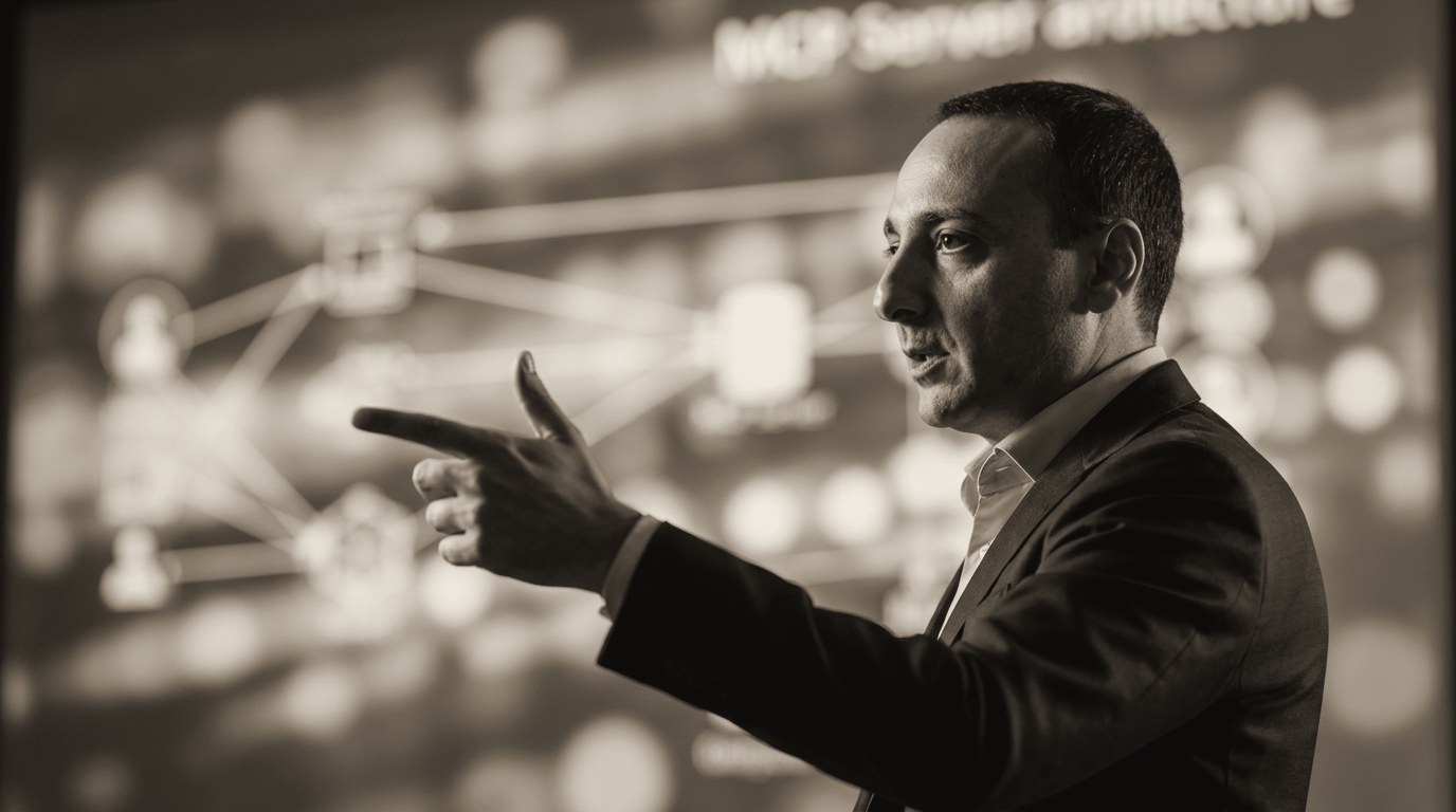 Dr. Tali Režun explaining an MCP server architecture on stage