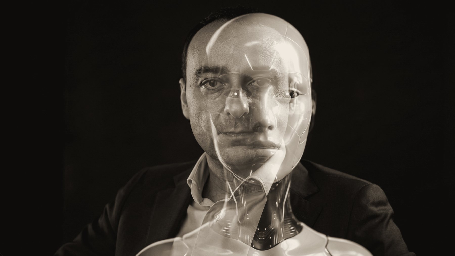 Press photo, wide crop: Tali Režun behind a translucent android head